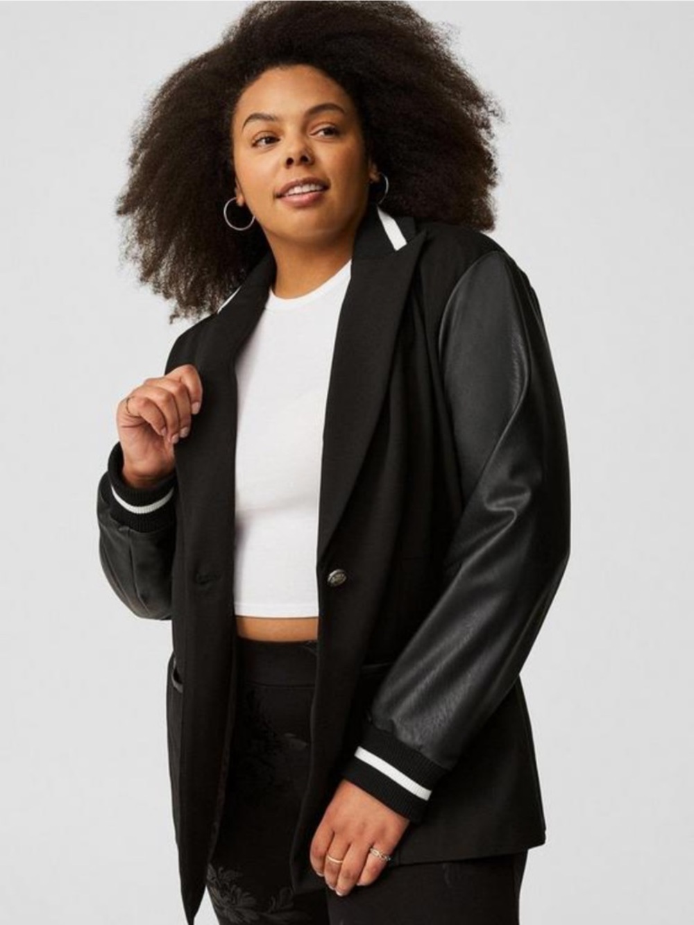 Plus-Size Black Mixed-Media Blazer with Faux Leather Sleeves